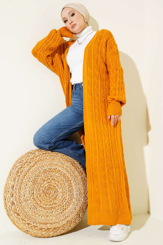 كارديجان طويل محبوك للشعر بلون الخردل
