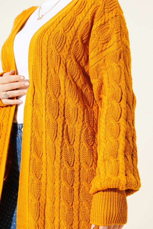 كارديجان طويل محبوك للشعر بلون الخردل