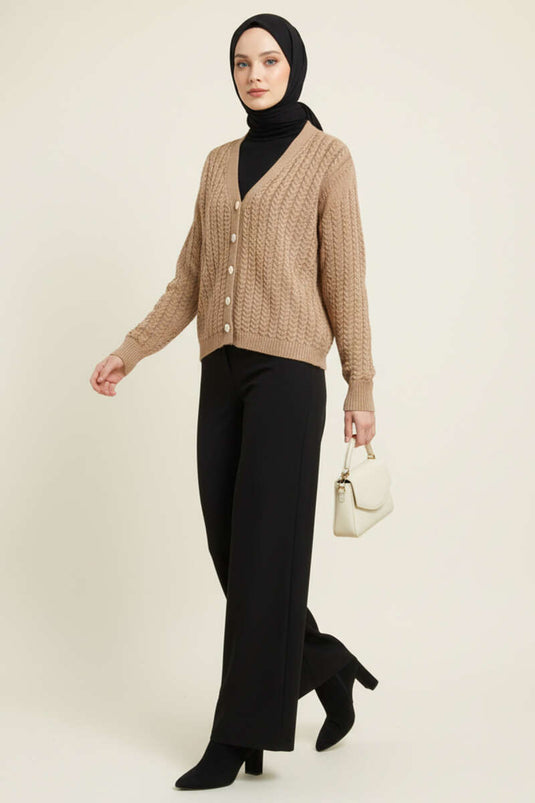 Hair Braided Buttoned Knitwear Cardigan Latte