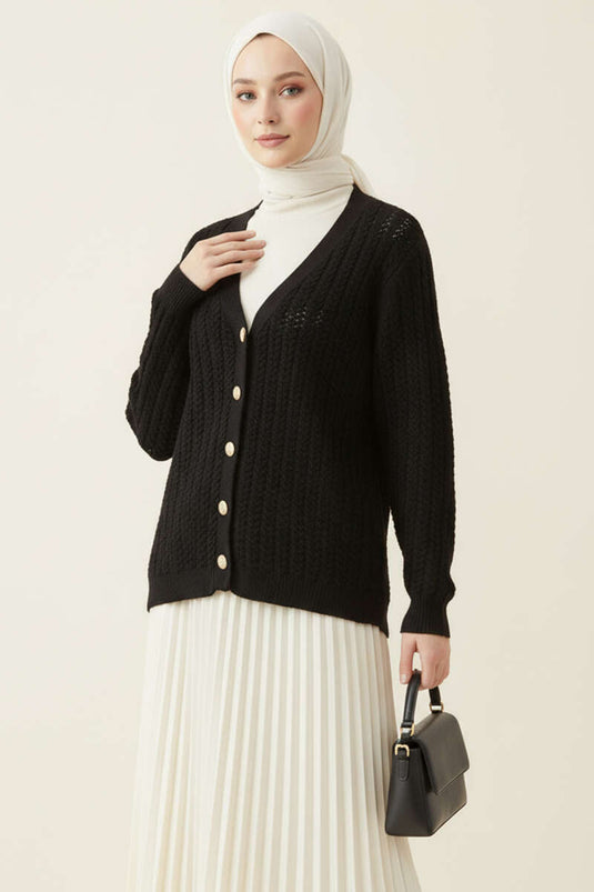 Cardigan boutonné en tricot tressé noir