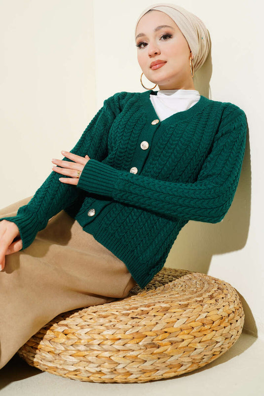 Saç Örgülü Düğmeli Triko Hırka Zümrüt