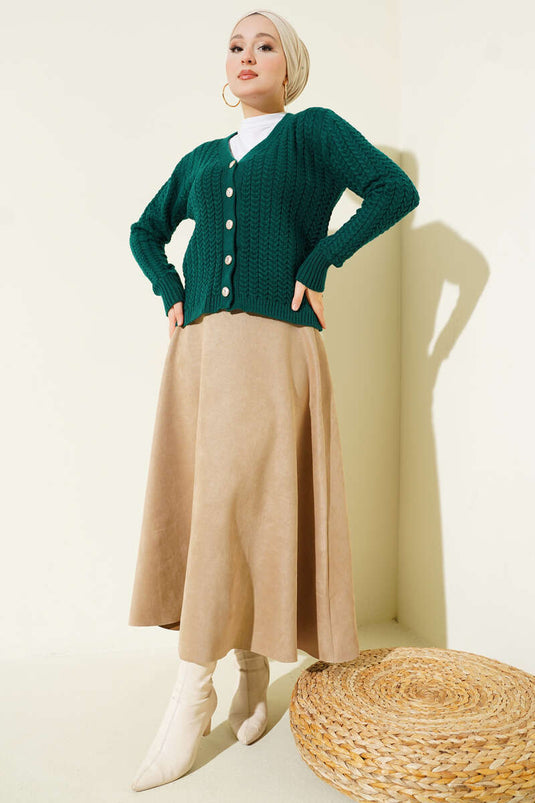 Saç Örgülü Düğmeli Triko Hırka Zümrüt