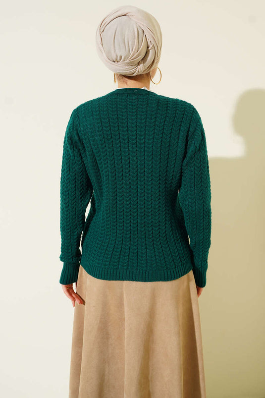 Saç Örgülü Düğmeli Triko Hırka Zümrüt