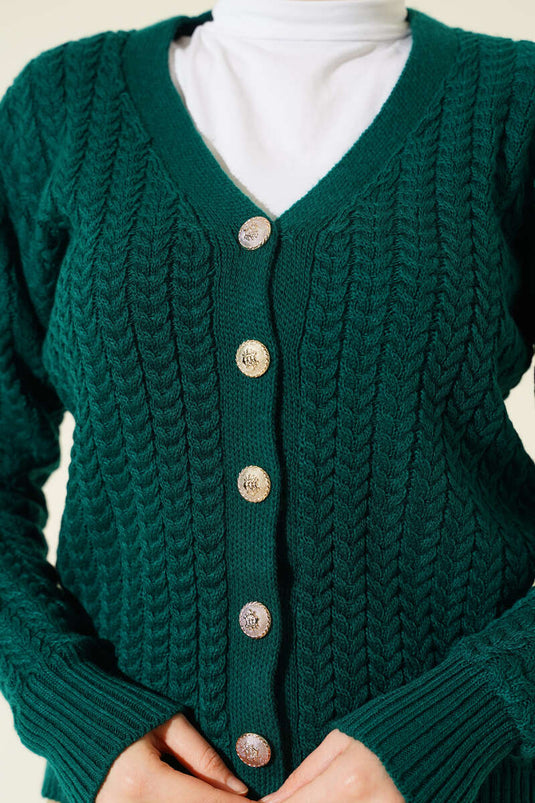 Saç Örgülü Düğmeli Triko Hırka Zümrüt