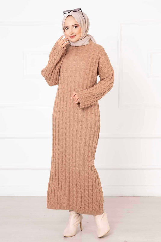 Braided Knit Dress BEIGE