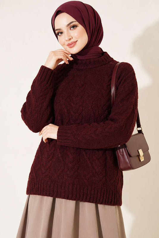 Bordeaux Strickpullover Mit Zopf