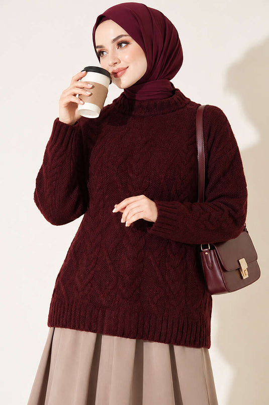 Pull En Maille Bordeaux Avec Tresse