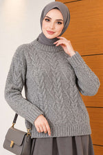 Pull En Maille Tressé Gris Fumé
