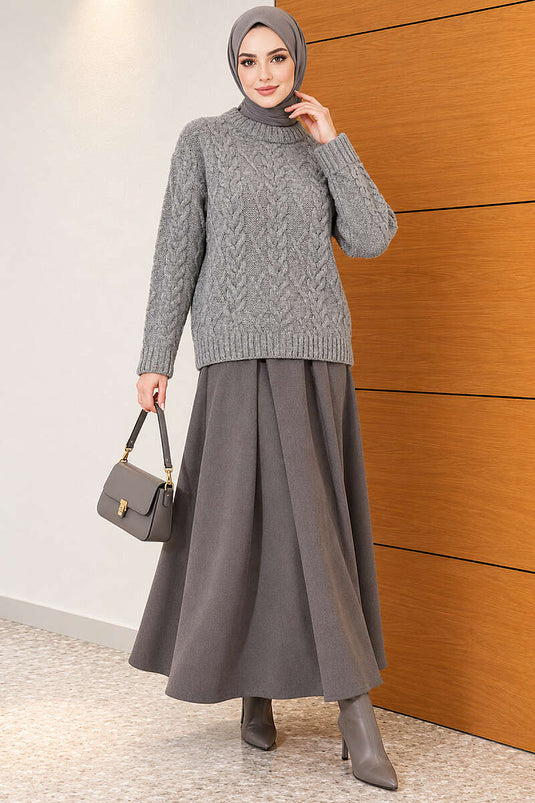 Pull En Maille Tressé Gris Fumé