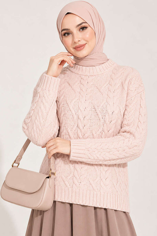 Pull En Maille Tressé Poudré