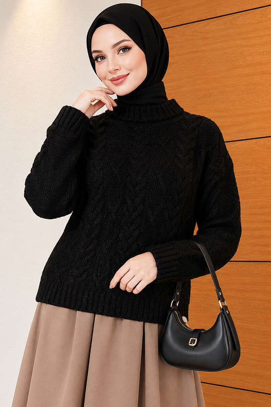 Pull En Maille Noir Avec Tresse