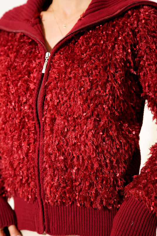 Saçaklı Detaylı Fermuarlı Hırka Bordo