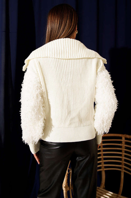 Fringed Detail Zippered Cardigan, Ecru