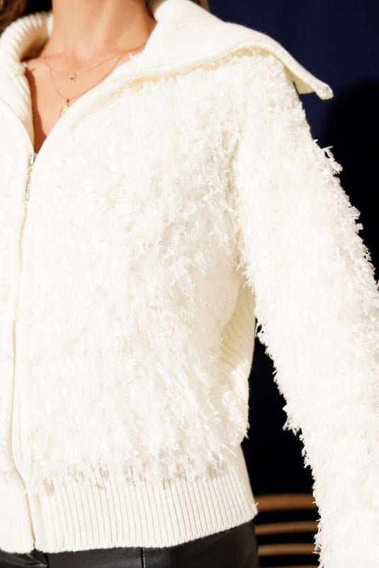 Fringed Detail Zippered Cardigan, Ecru
