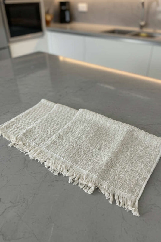 Lot de 3 torchons de cuisine à carreaux avec franges beige