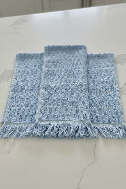 Lot de 3 torchons de cuisine bleus à carreaux avec franges