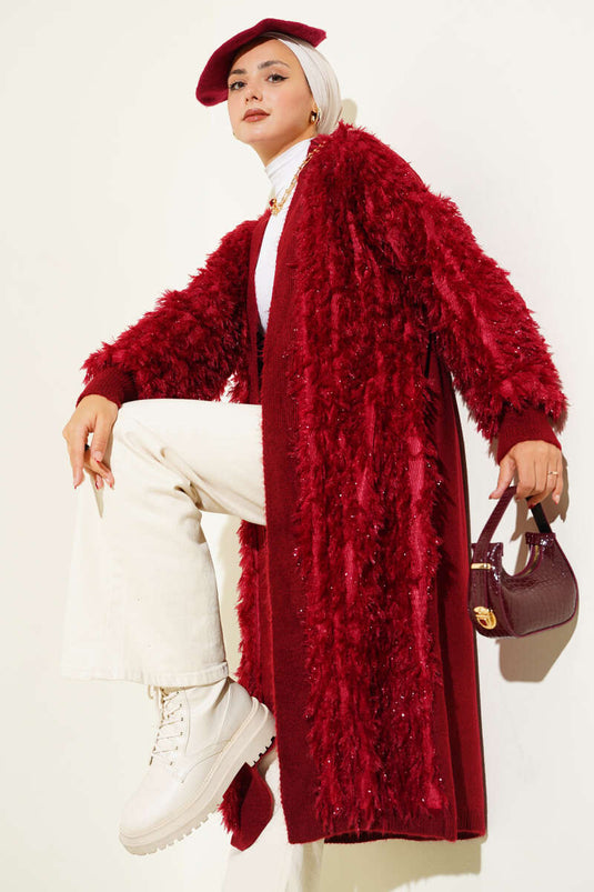 Fringed Knit Cardigan Burgundy