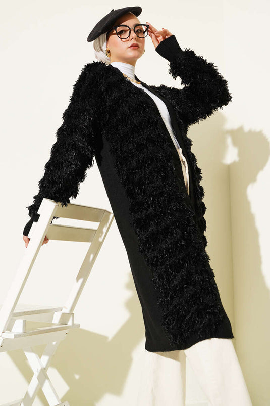 Fringed Knit Cardigan Black