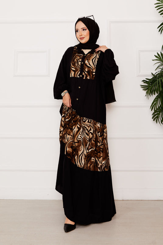 Safari Pattern Viscose Hijab Dress Black