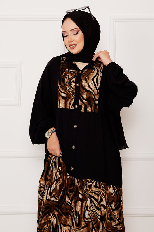 Safari Pattern Viscose Hijab Dress Black