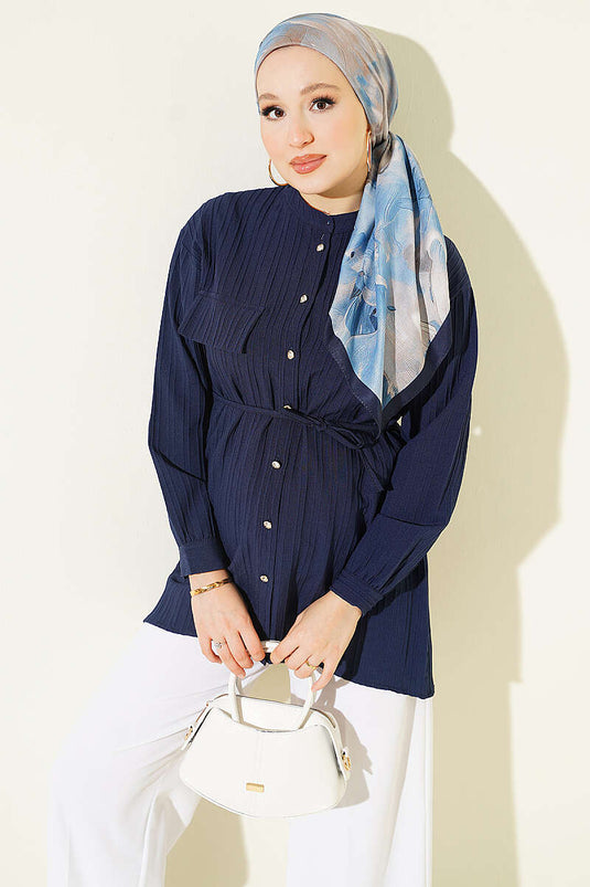 Navy Blue Fake Pocket Button-Down Striped Shirt