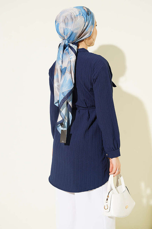 Navy Blue Fake Pocket Button-Down Striped Shirt