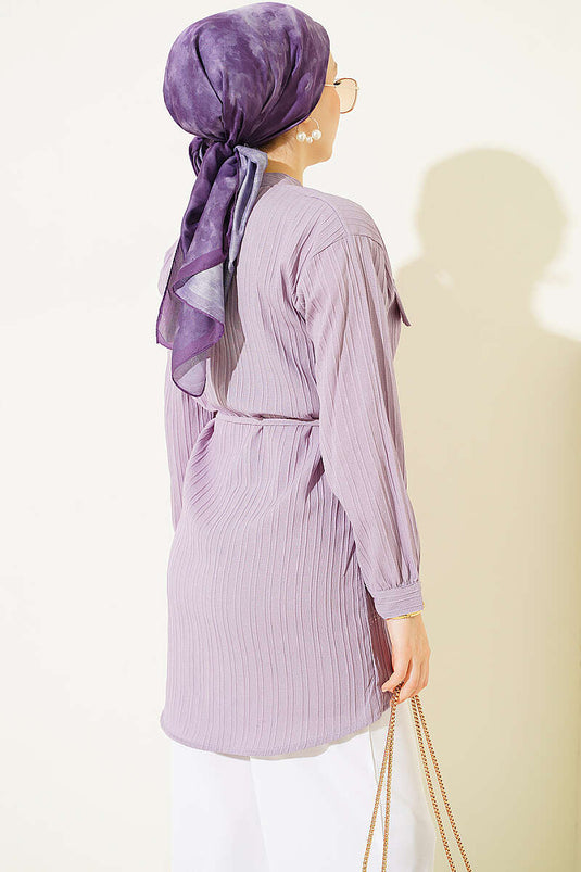 Camicia A Righe Lilla Con Tasca Falsa E Bottoni
