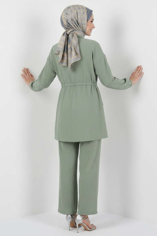 Two-Piece Set with Fake Pocket Cover and Zipper in Pistachio Green
