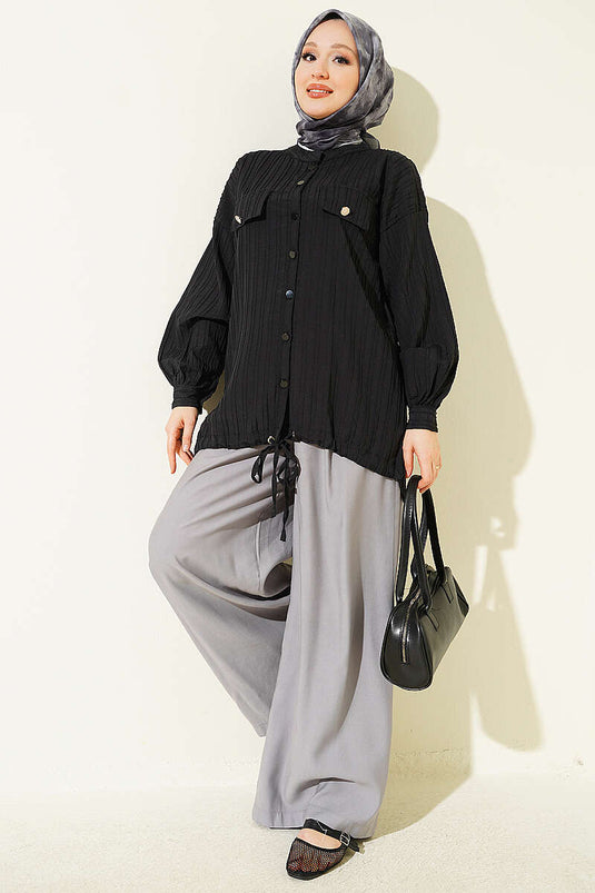 Camicia Nera Con Patta Finta