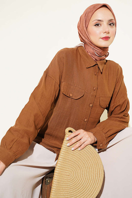 Chemise En Mousseline À Fausses Poches Et Boutons Couleur Café