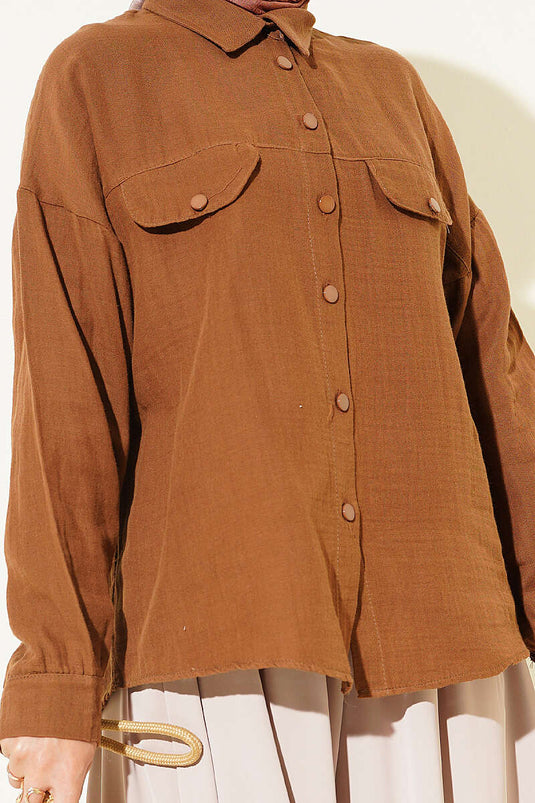 Chemise En Mousseline À Fausses Poches Et Boutons Couleur Café