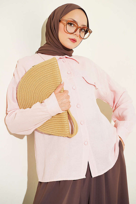 Chemise En Mousseline Rose À Fausses Poches Et Boutons
