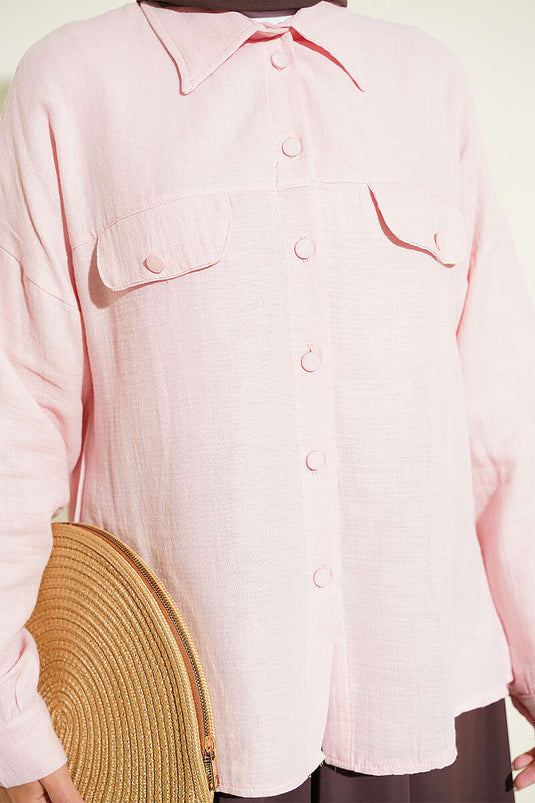 Chemise En Mousseline Rose À Fausses Poches Et Boutons