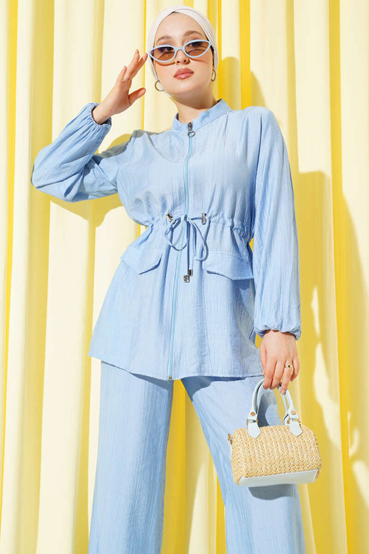 طقم خصر بجيوب وهمية من قطعتين، أزرق فاتح