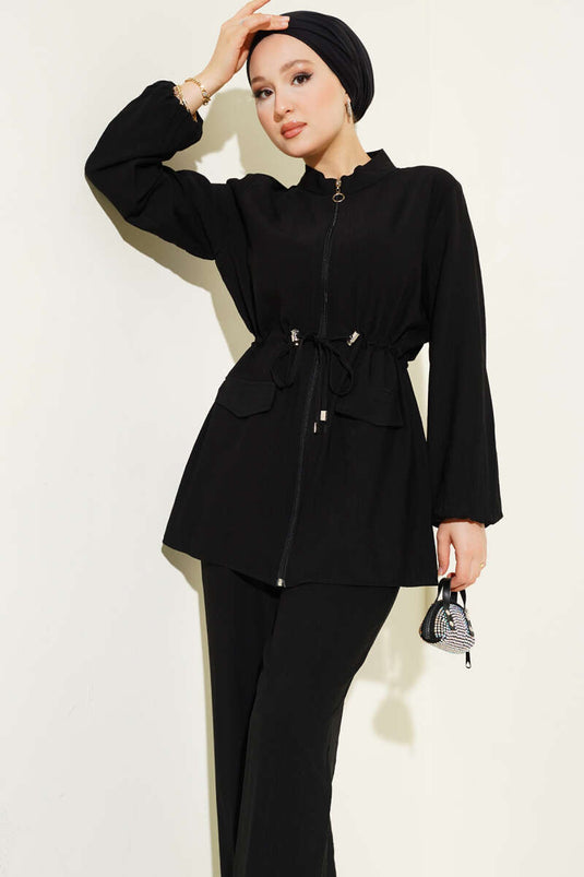 Fake Pocket Waist Tunnel Two Piece Suit Black