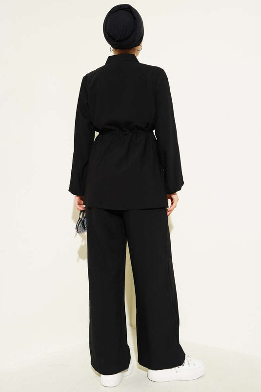 Fake Pocket Waist Tunnel Two Piece Suit Black