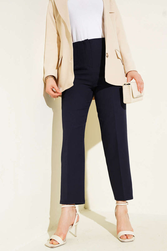 Navy Blue Darted Waist Trousers with Fake Pockets