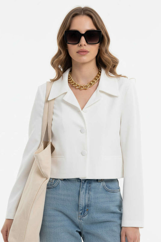 Sahte Cepli Düğmeli Ceket Beyaz