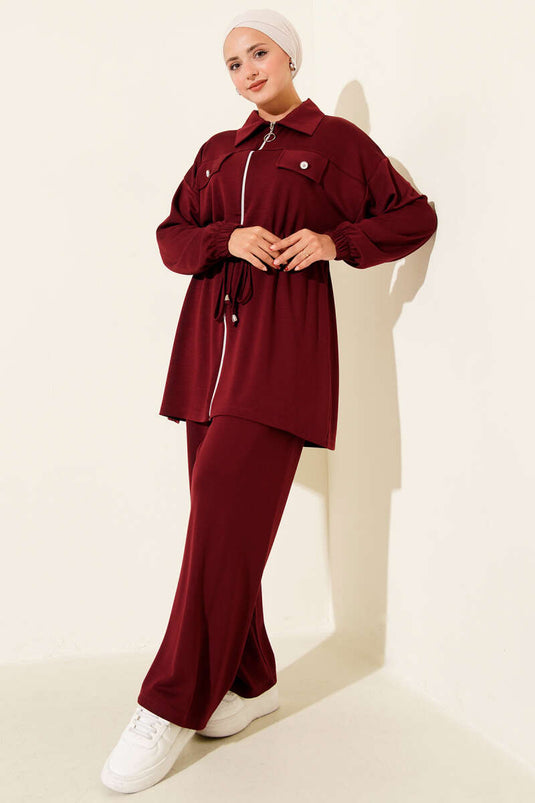 Fake Pocket Zippered Loysha Two Piece Suit Burgundy