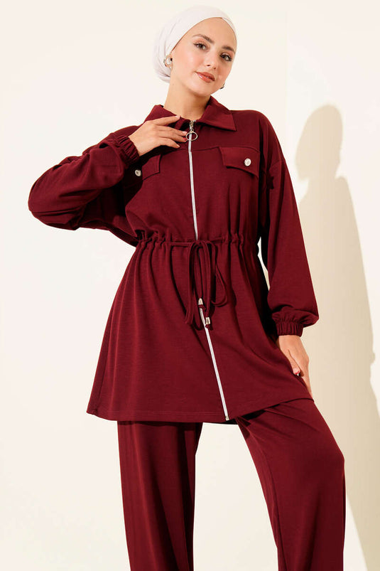 Fake Pocket Zippered Loysha Two Piece Suit Burgundy