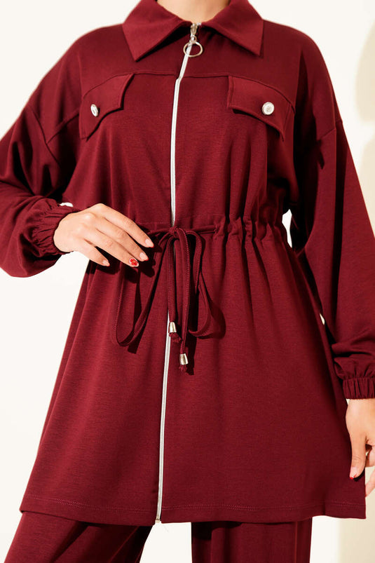 Fake Pocket Zippered Loysha Two Piece Suit Burgundy