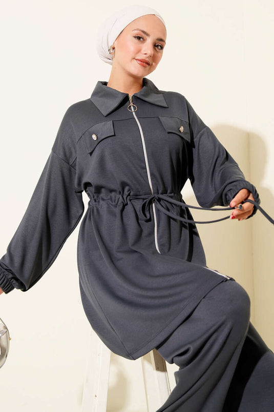 بدلة لويشا من قطعتين بسحاب وجيب وهمي، لون دخاني