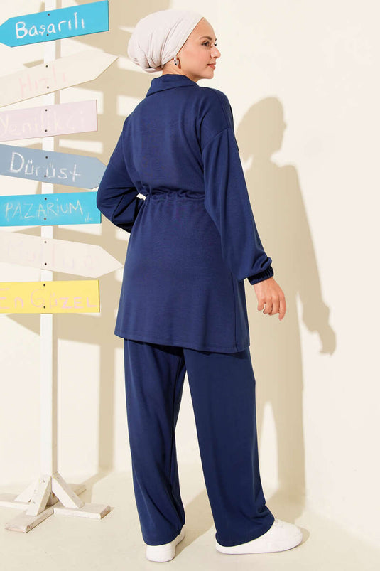 Fake Pocket Zippered Loysha Two Piece Suit Navy Blue