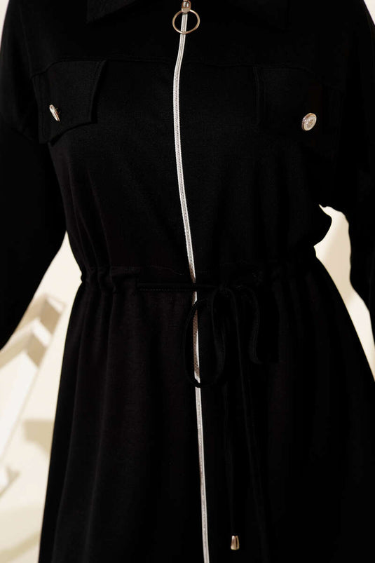 Fake Pocket Zippered Loysha Two Piece Suit Black