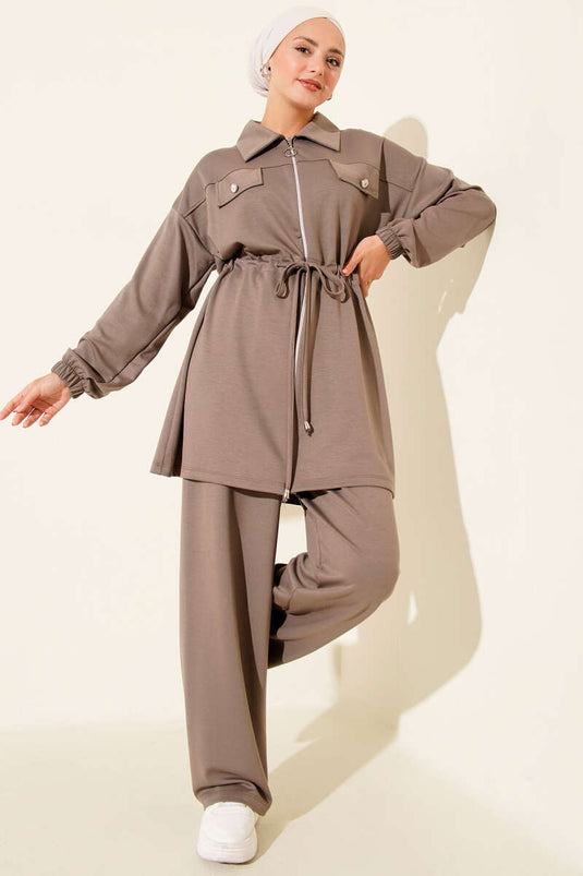 Loysha Two Piece Suit with Fake Pocket and Zipper in Mink