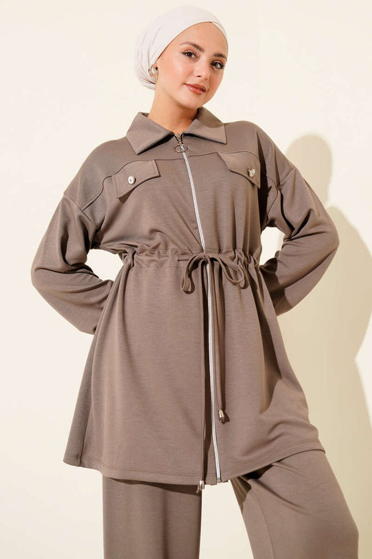 Loysha Two Piece Suit with Fake Pocket and Zipper in Mink