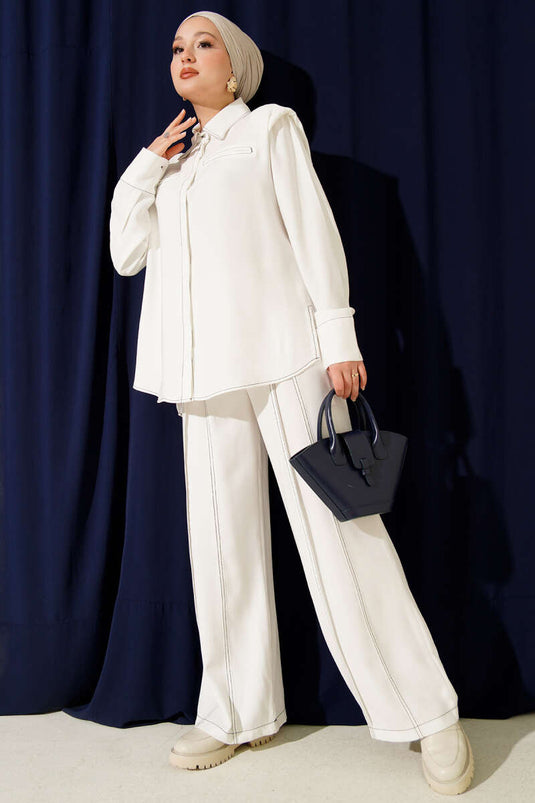 Costume deux pièces avec fausse poche et patte de boutonnage dissimulée, blanc