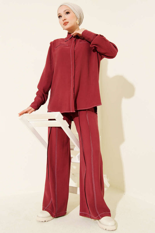 Fake Pocket Hidden Placket Two Piece Suit Burgundy