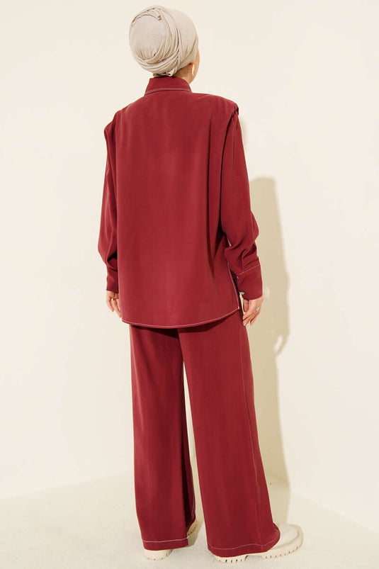 Fake Pocket Hidden Placket Two Piece Suit Burgundy