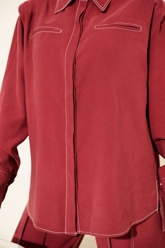 Fake Pocket Hidden Placket Two Piece Suit Burgundy